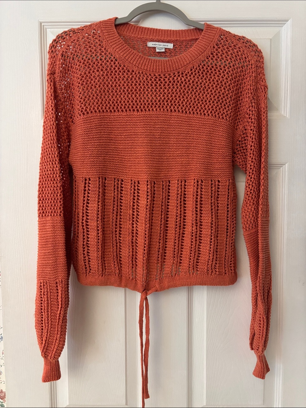 American eagle  Open-Weave Drawstring Sweater in Rust Orange